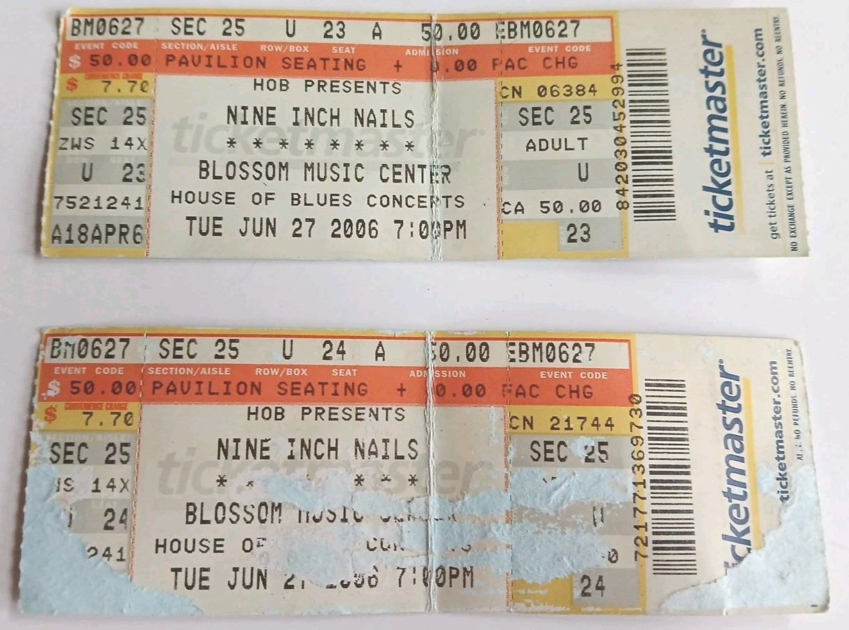 (2) Original June 27th 06 Nine Inch Nails Blossom Music Center Used Ticket Stubs