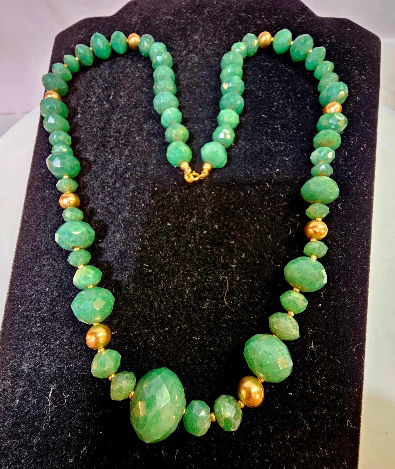 Vtg Cut Jade beads necklace w/ goldfilled balls 26.5in" - Heavy 97g- S60- READ