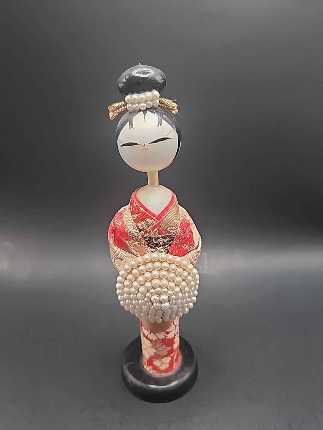 Vintage Japanese Sosaku Style Kokeshi Doll In Fabric Kimono & Faux Pearl Accents