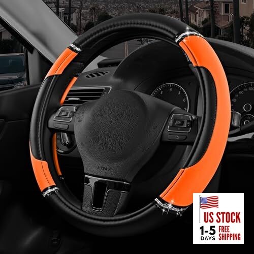  Leather Steering Wheel Cover - Made with PVC Leather - Anti-Slip, Orange