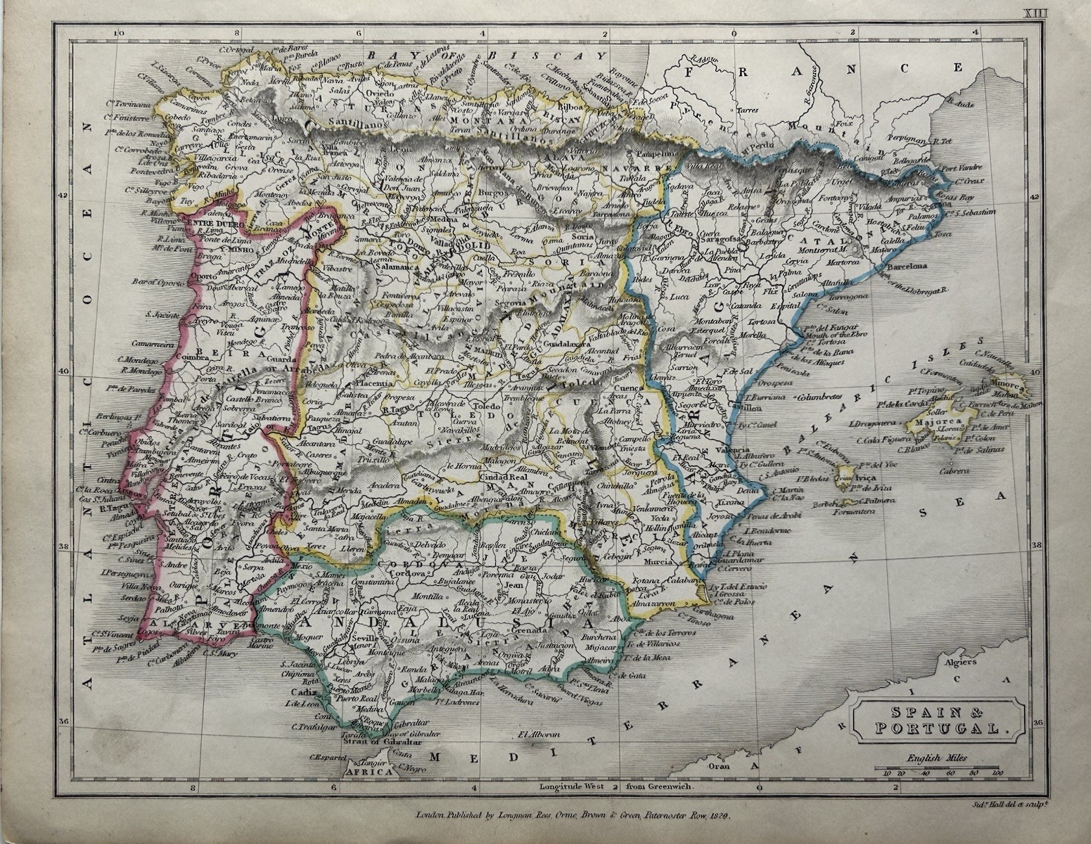 1829 Spain & Portugal Original Antique Hand Coloured Map By Sidney Hall