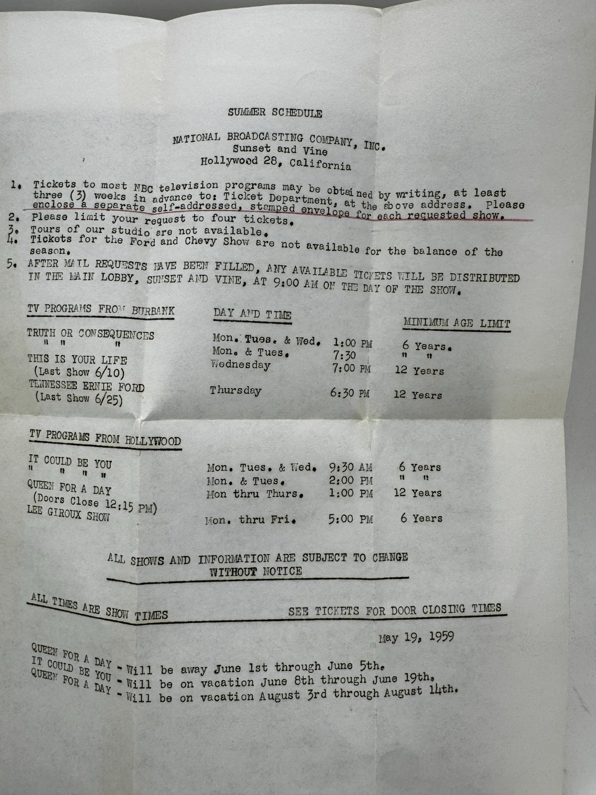 RARE 1959 NBC Studios Ticket summer Television programs taping how to get letter