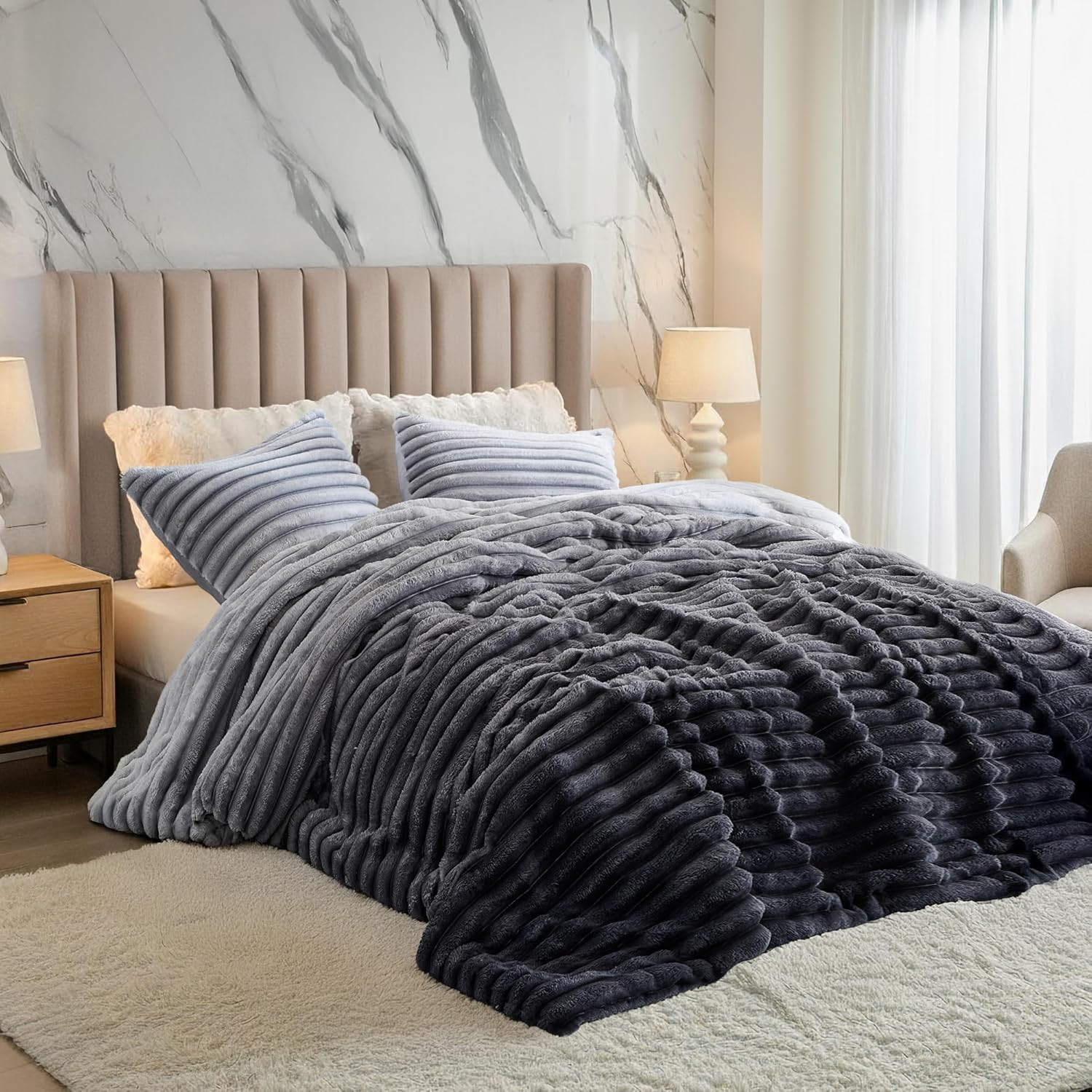 Cuddly Ribbed Fluffy Comforter Set Queen Size, Super Soft Plush Fleece Bedding S