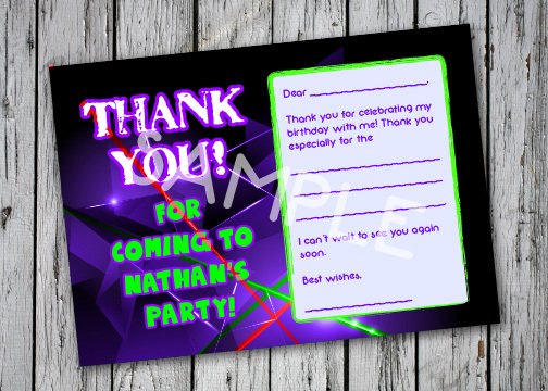 LASER TAG Glow Neon Birthday Party Invitation Thank You Card GIRL BOY Blank