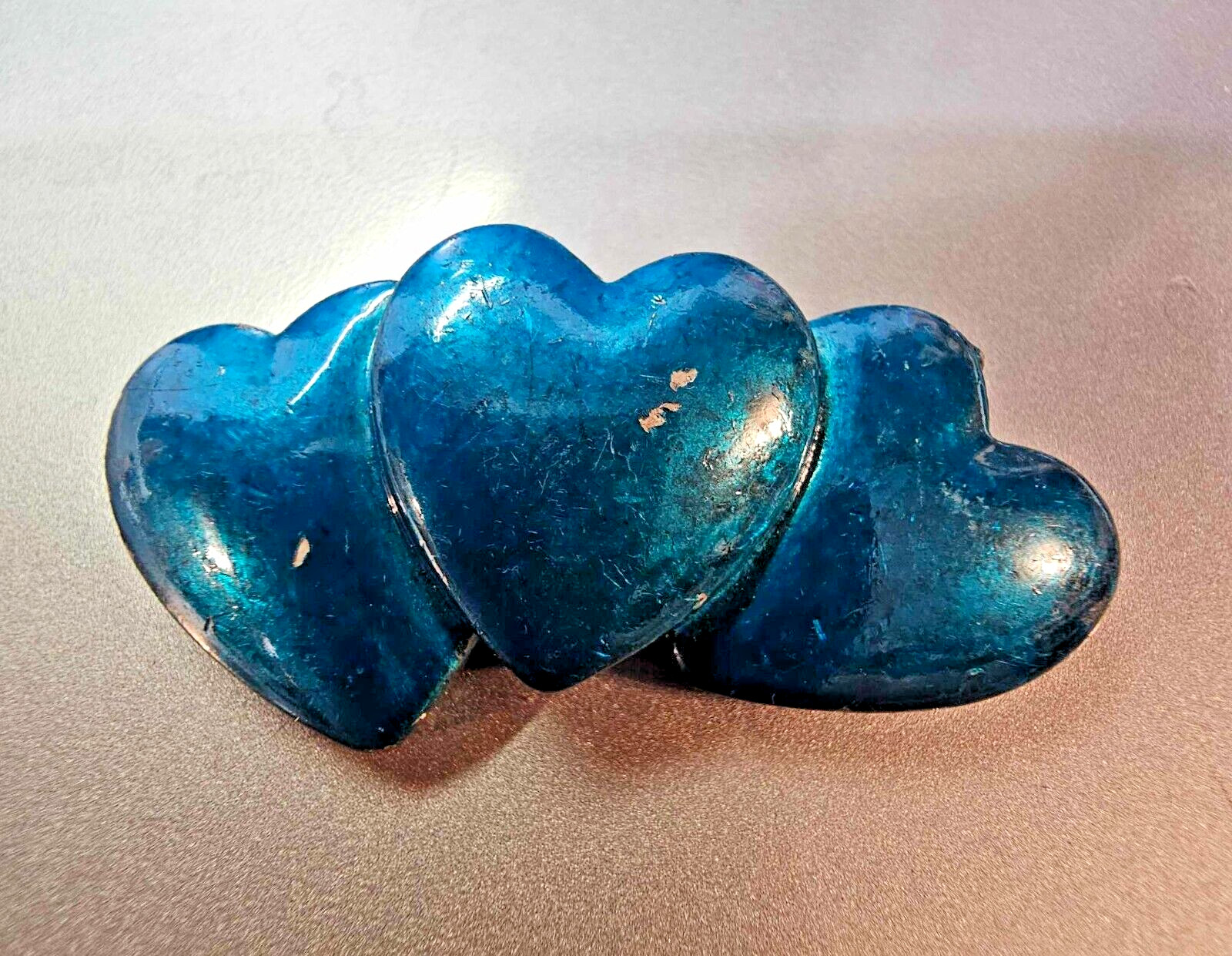 vtg metal triple three 3 blue heart enamel Brooch Pin etched leaf style back-S81