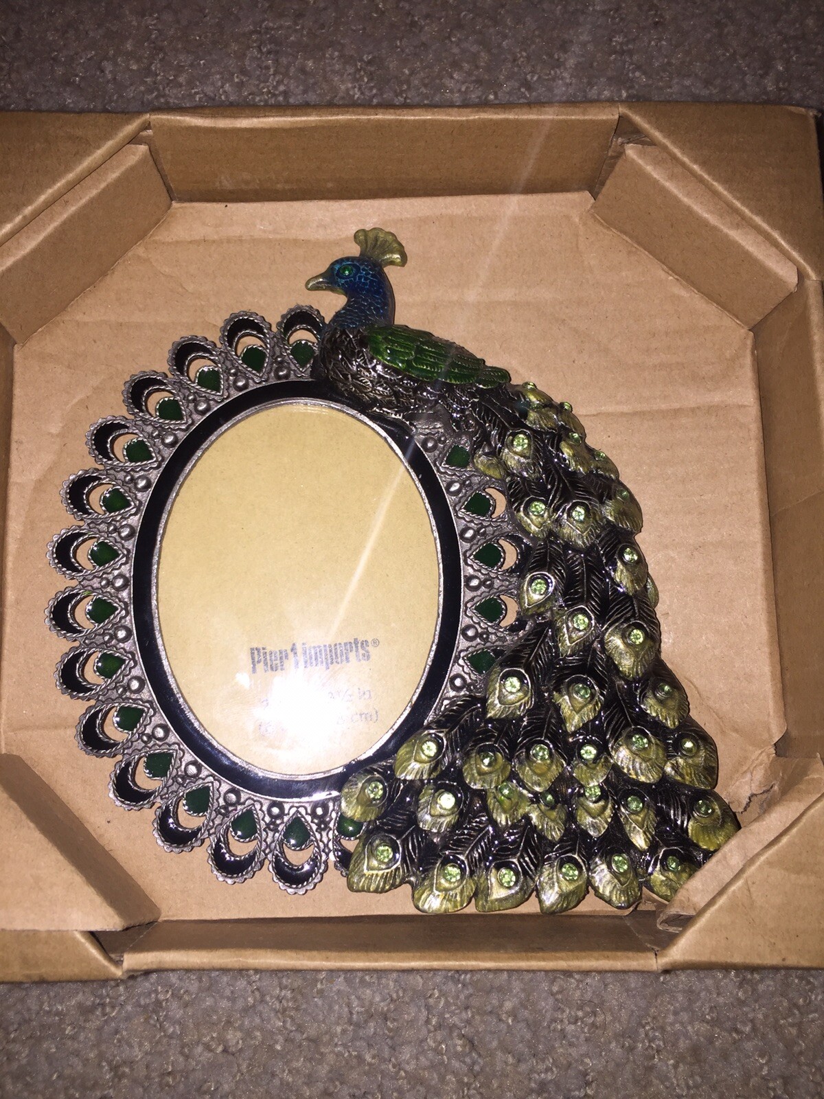 Pier 1 Imports Jeweled Peacock Frame 2.5" x 3.5" Photo Pewter Tone Rhinestones