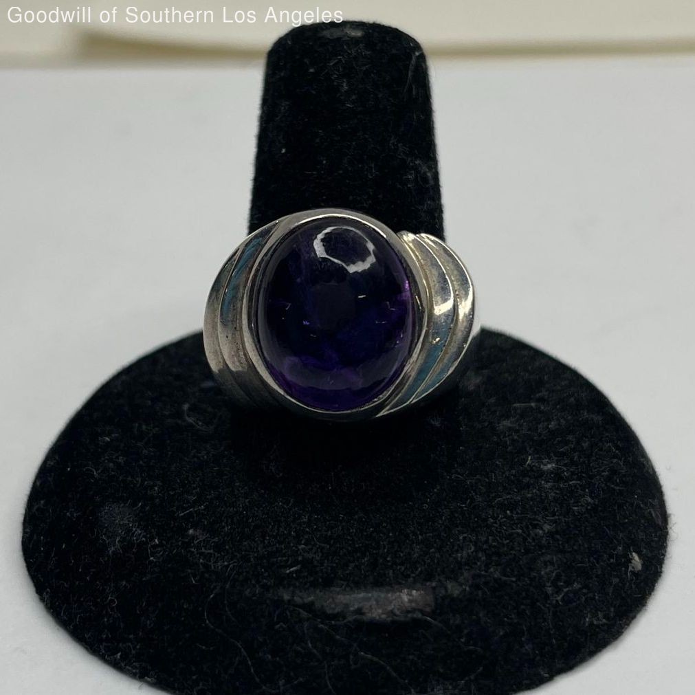Vintage Sterling Silver Amethyst Cabochon Ring - 13.74g