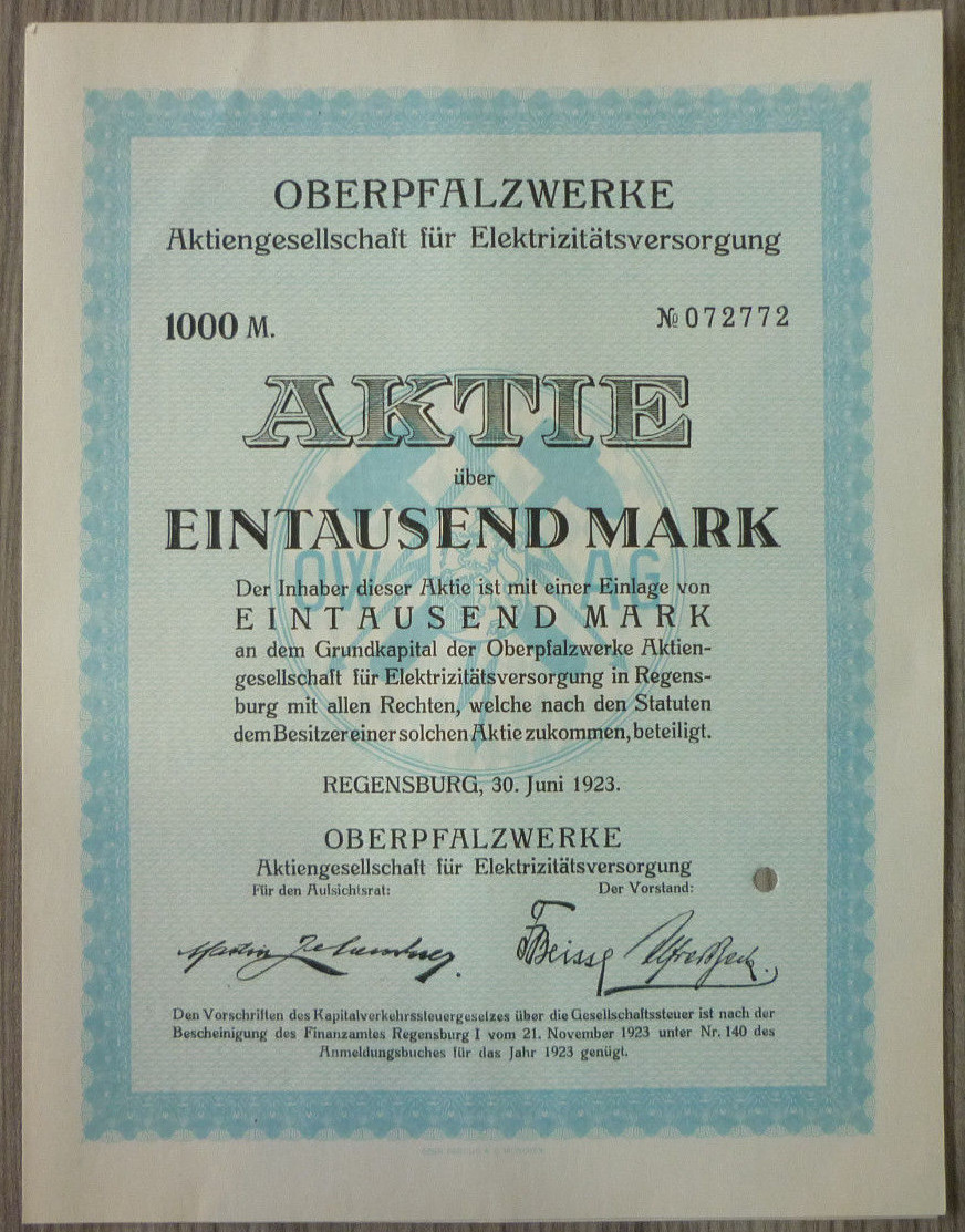 Stock, Oberpfalzwerke AG For Electricity Supply 1923, (Art.3204)