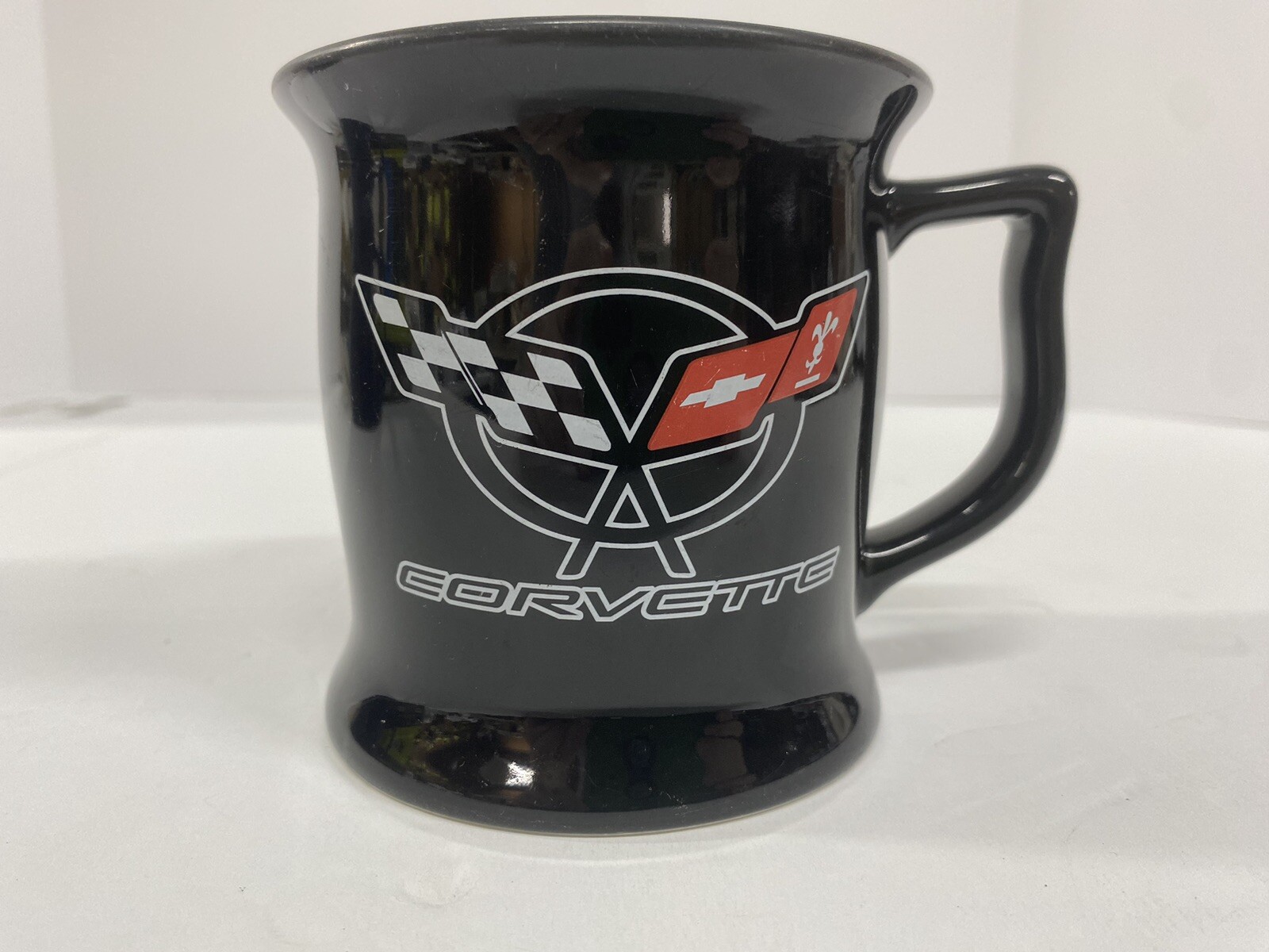 Official GM Chevy Corvette Black Coffee Mug GM w/Logo Race Flags