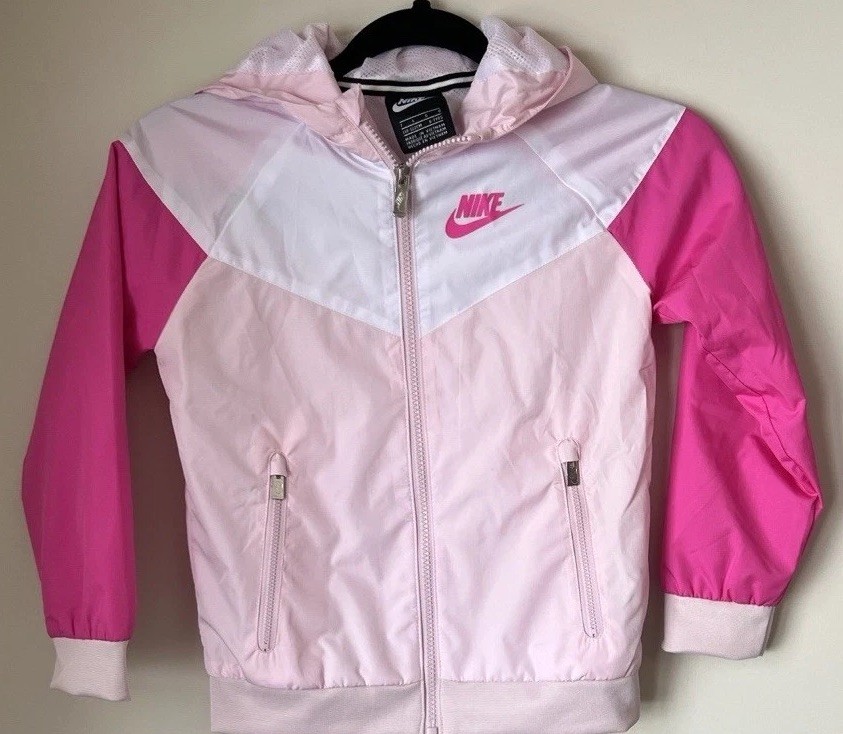 Nike Girls Pink White Hooded Windbreaker Jacket Size 6-7 Years