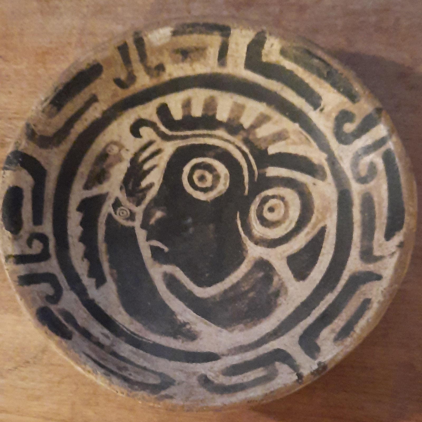 Latin American Pottery Bowl Beige Black Geometric Face Design