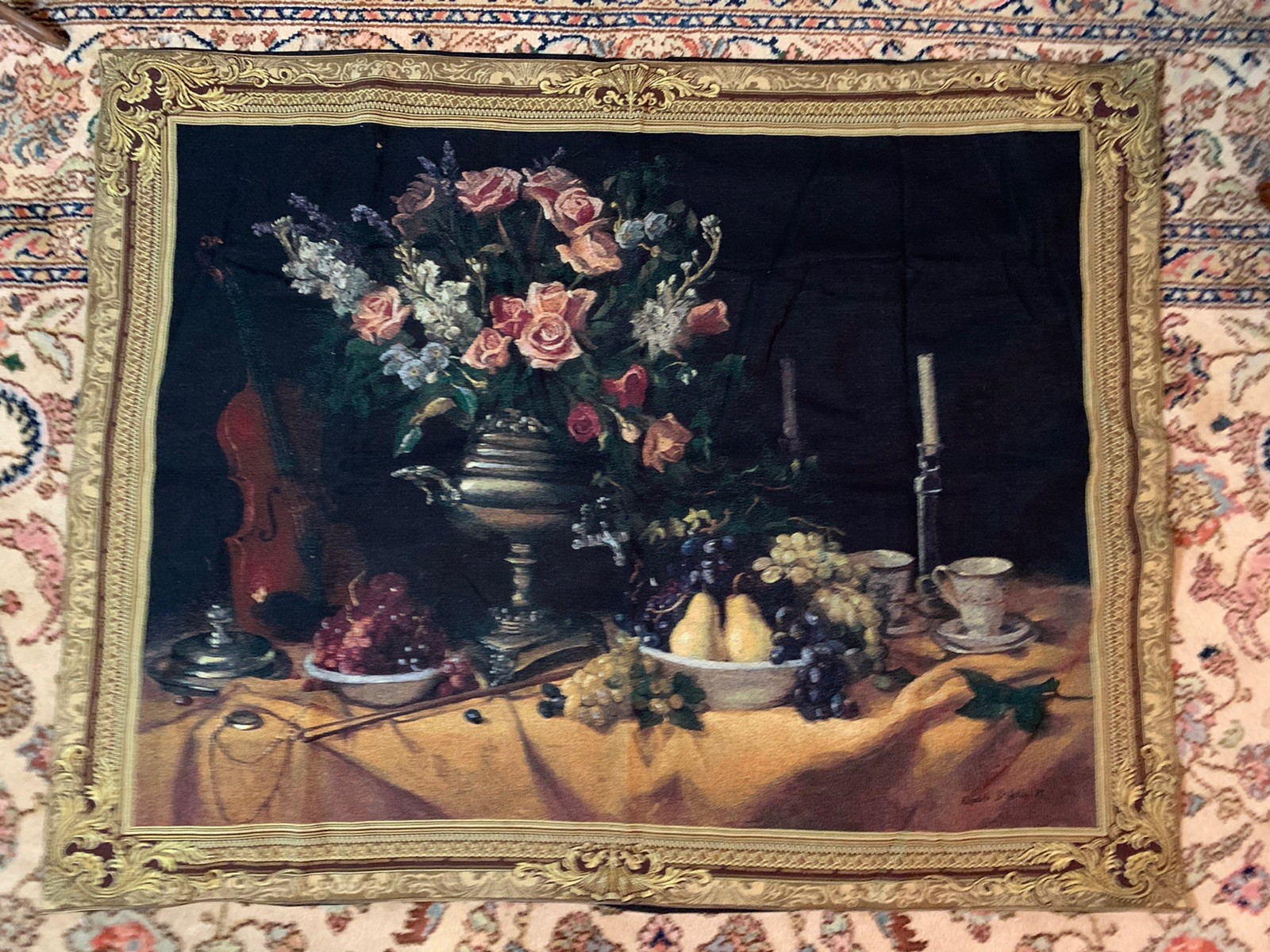 Sea Gull Fruit & Flowers Decorative Tapestry Wall Hanging 50” X 40” Signed