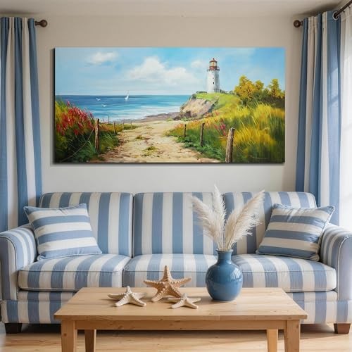  Blue Coastal Lighthouse Canvas Wall Art 58"L x 29"W blue coastal seascape