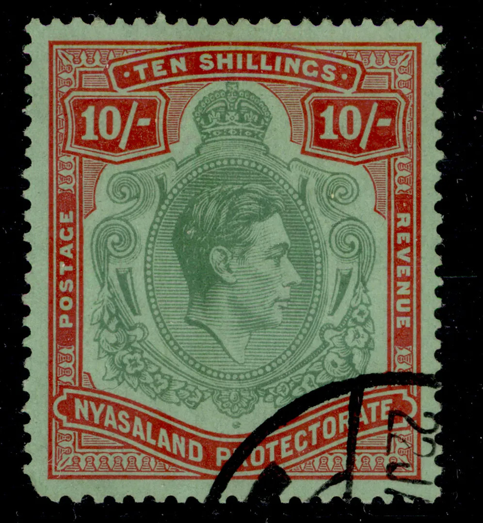 NYASALAND GVI SG142, 10s emerald & deep red/pale green, USED. Cat £80.