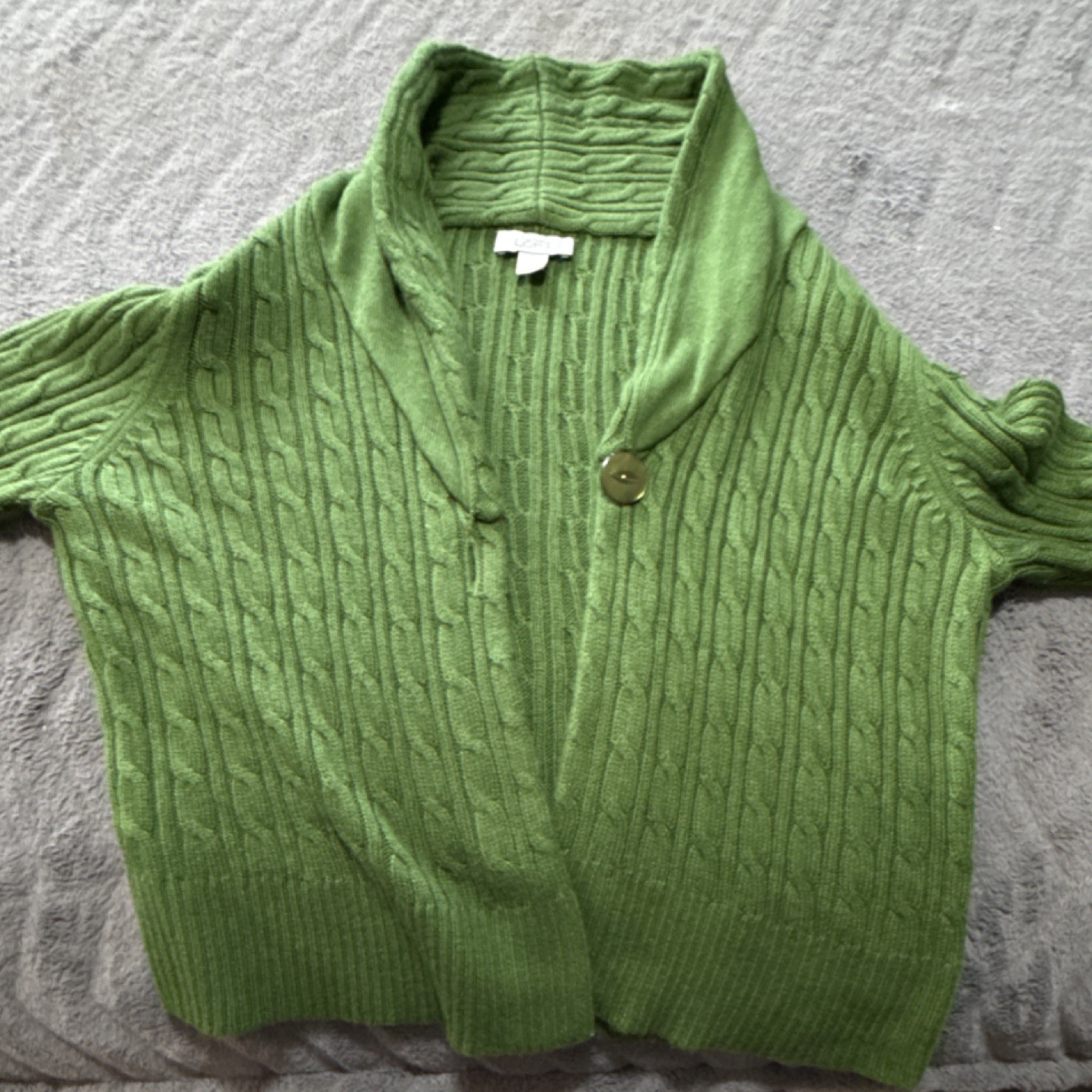 LOFT Green Cable-Knit Cropped Cardigan Sweater Shawl Collar Single Button L