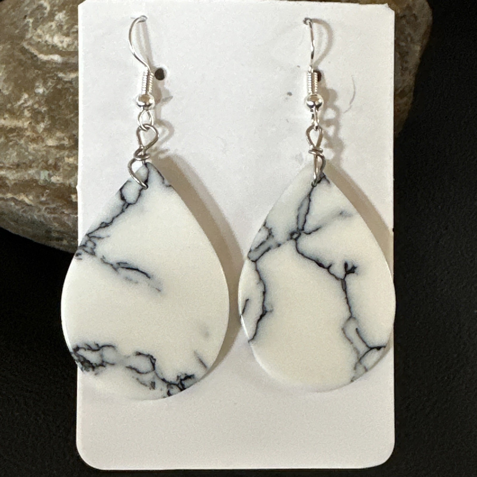 Teardrop White Howlite Slab Sterling Silver Dangle Earrings 1” 19262