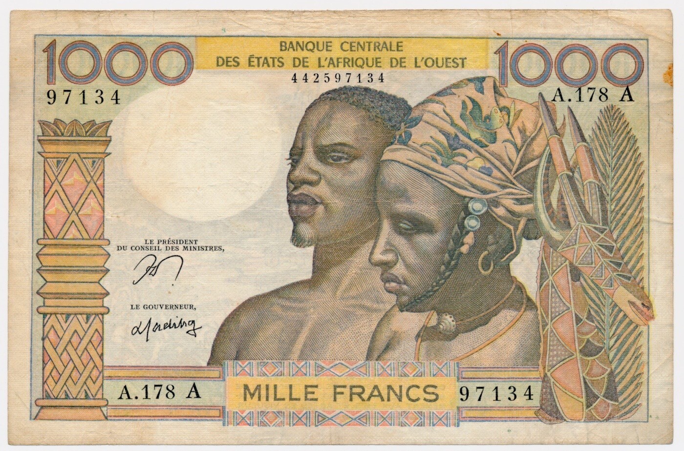 WEST AFRICAN STATES (IVORY COAST) banknote 1000 Francs 1978 VF+ Choice Very Fine