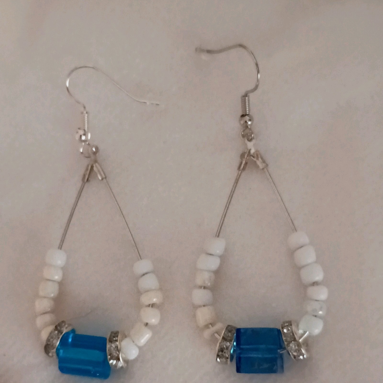 Handcrafted Beaded Dangle Drop Earrings Blue White Glass Silver Plated Hook