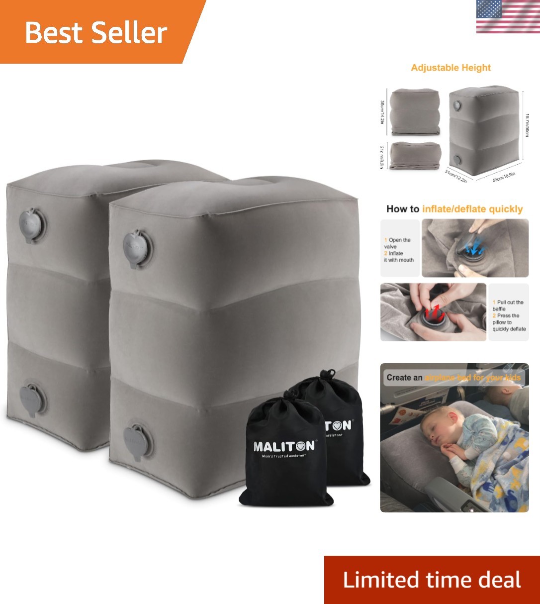 Inflatable Travel Foot Rest Pillow, Kids Airplane Bed, Adjustable Height Leg ...