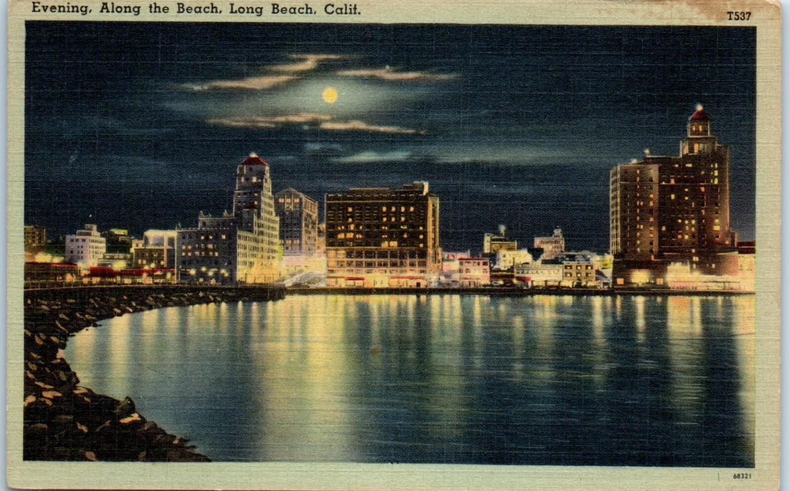 Evening View, Along the Beach, Long Beach, California Postcard