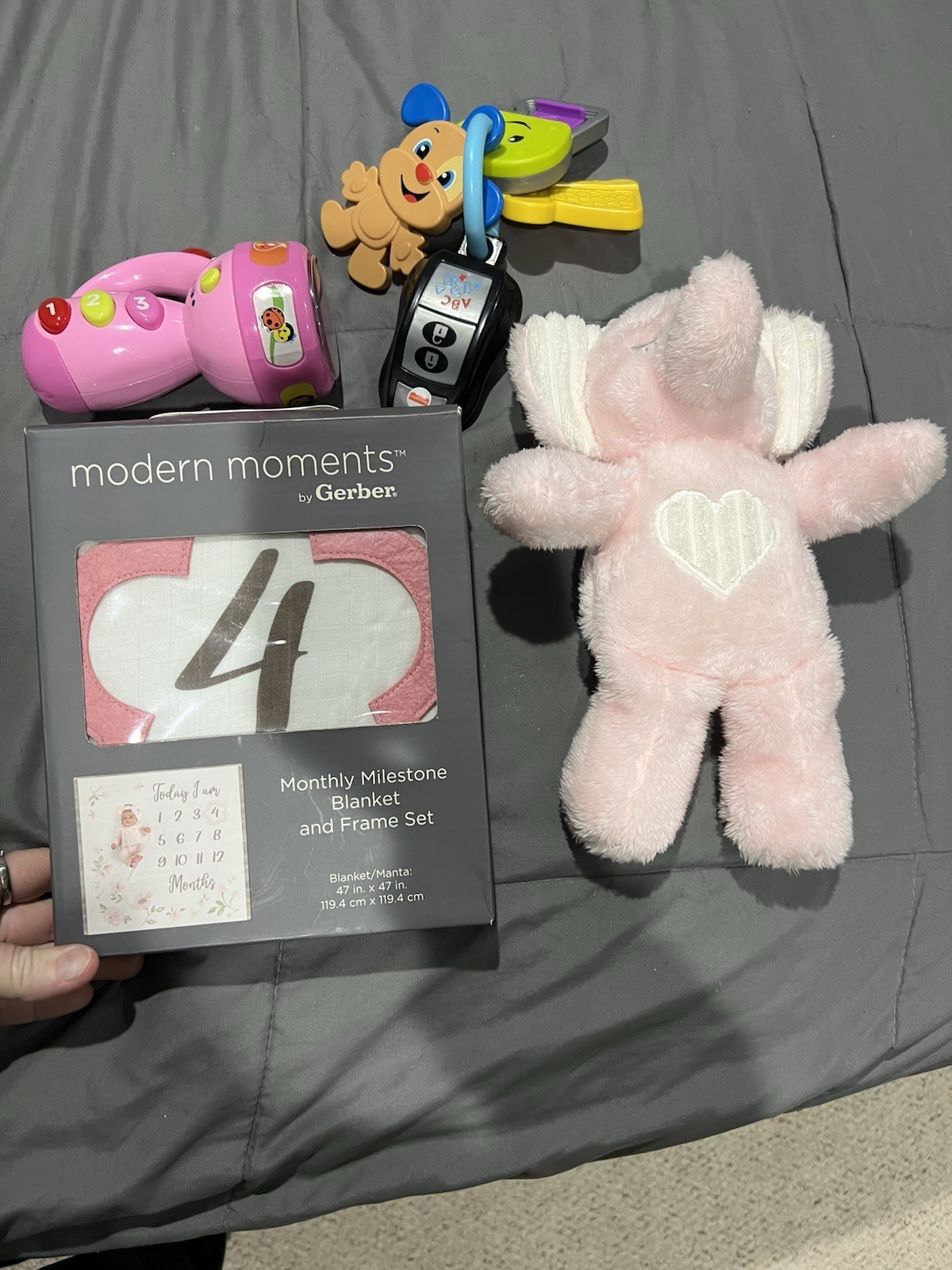 Fisher Price Electronic Key Chain, Vetech Flashlight, Musical Elephant, Blanket