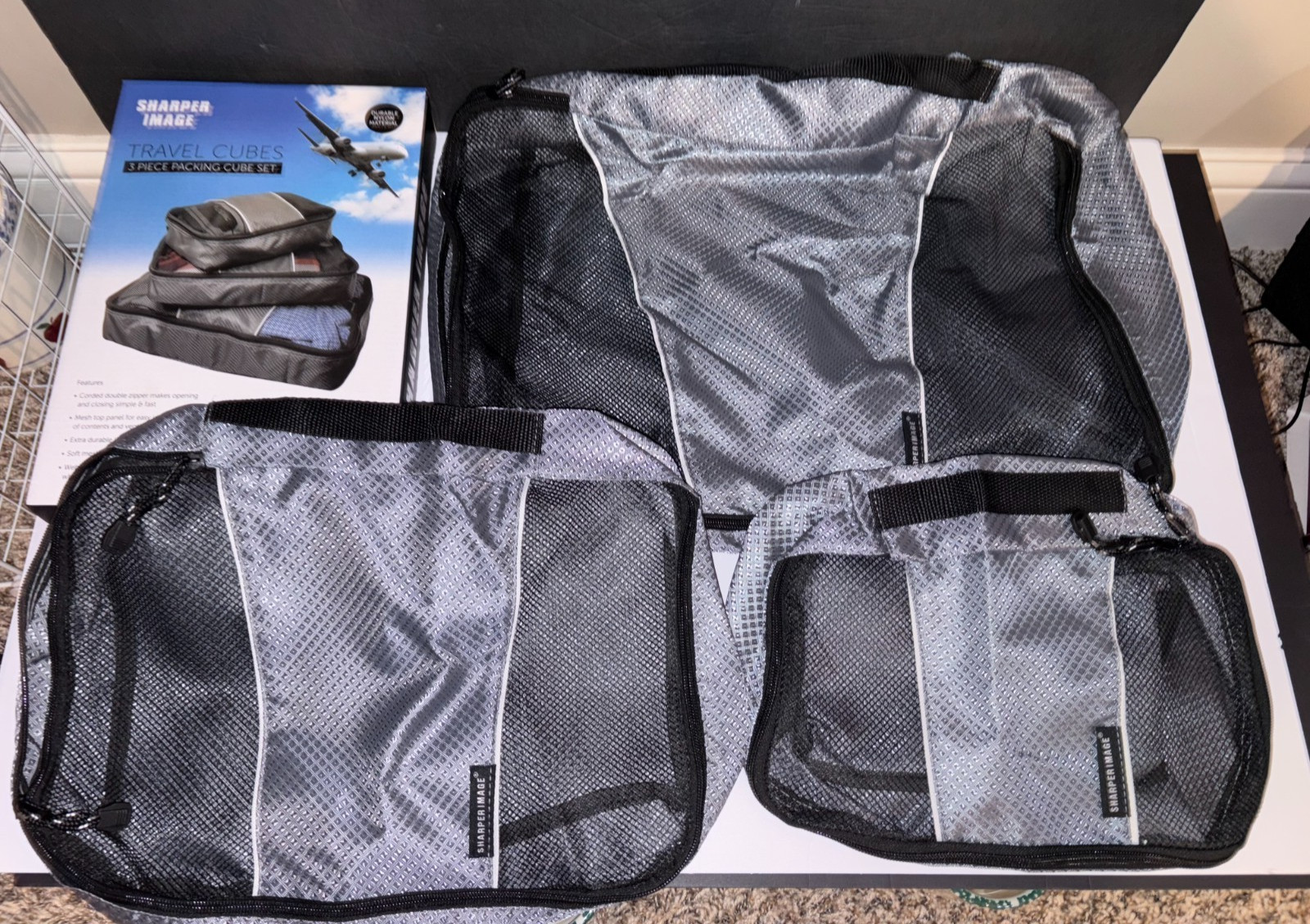 SHARPER IMAGE 3 PIECE SET QUICK DRY NYLON MESH TRAVEL BAGS PACKING CUBES GRAY