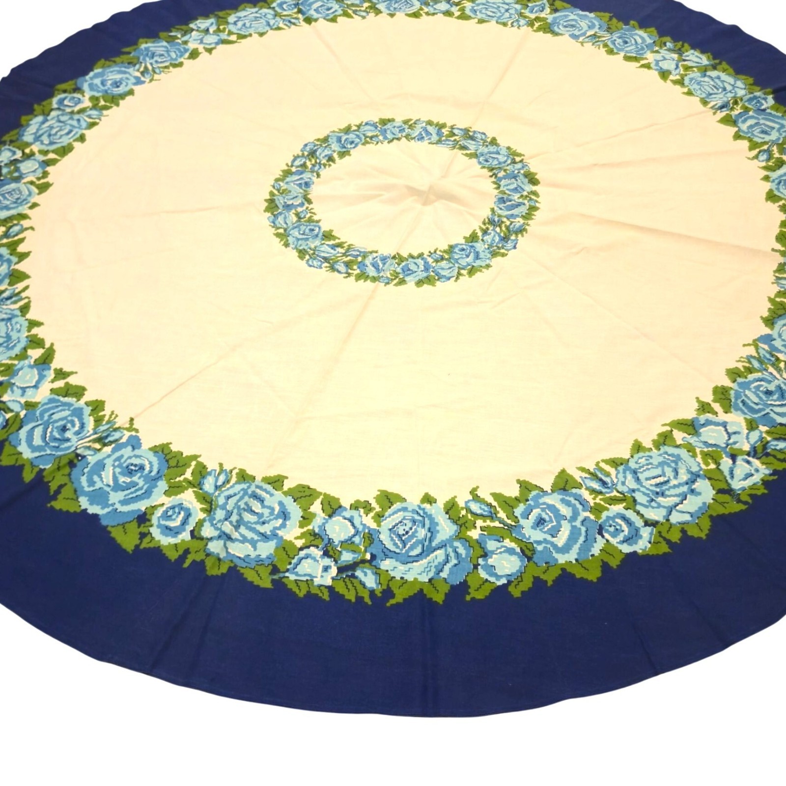 Vintage Round Blue Rose Tablecloth Cottagecore Floral Dining Linen Table Cover