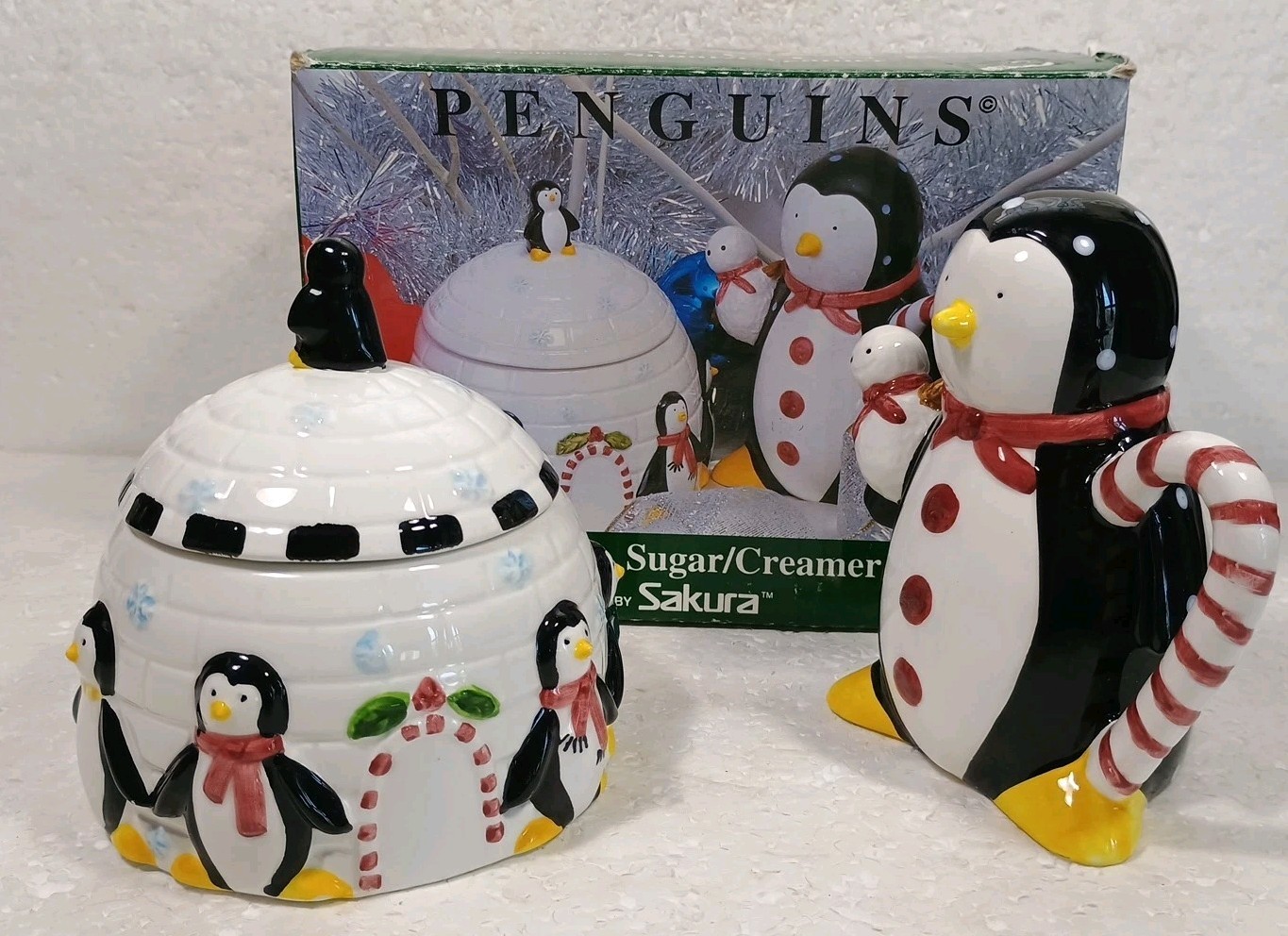 Debbie Mumm Penguins Christmas Sugar & Creamer by Sakura Unused Worn-out Box