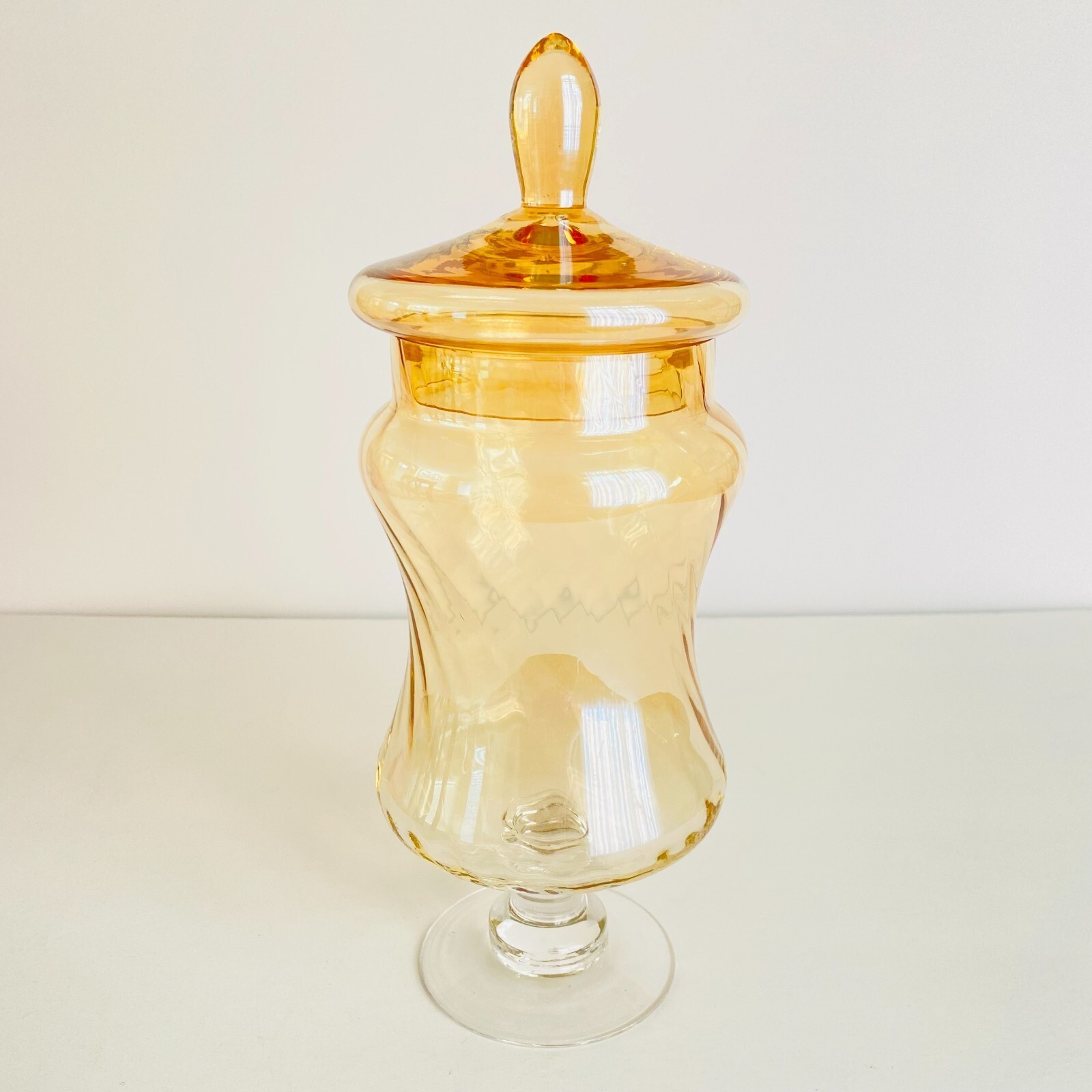 Glass Apothecary Jar with Lid 11" Peach Iridescent Optic RARE COLOR Vintage