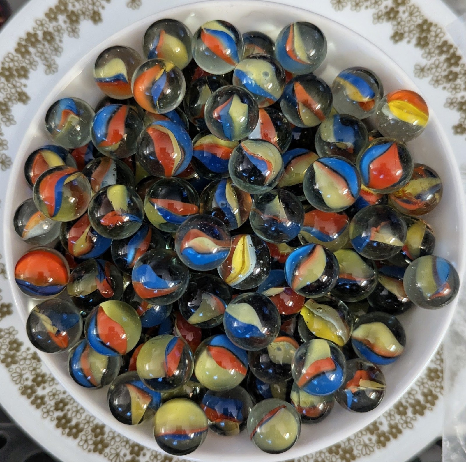 Vintage Patch Ribbon Swirl Glass Marbles Lot 25 Blue Red Yellow Smoky
