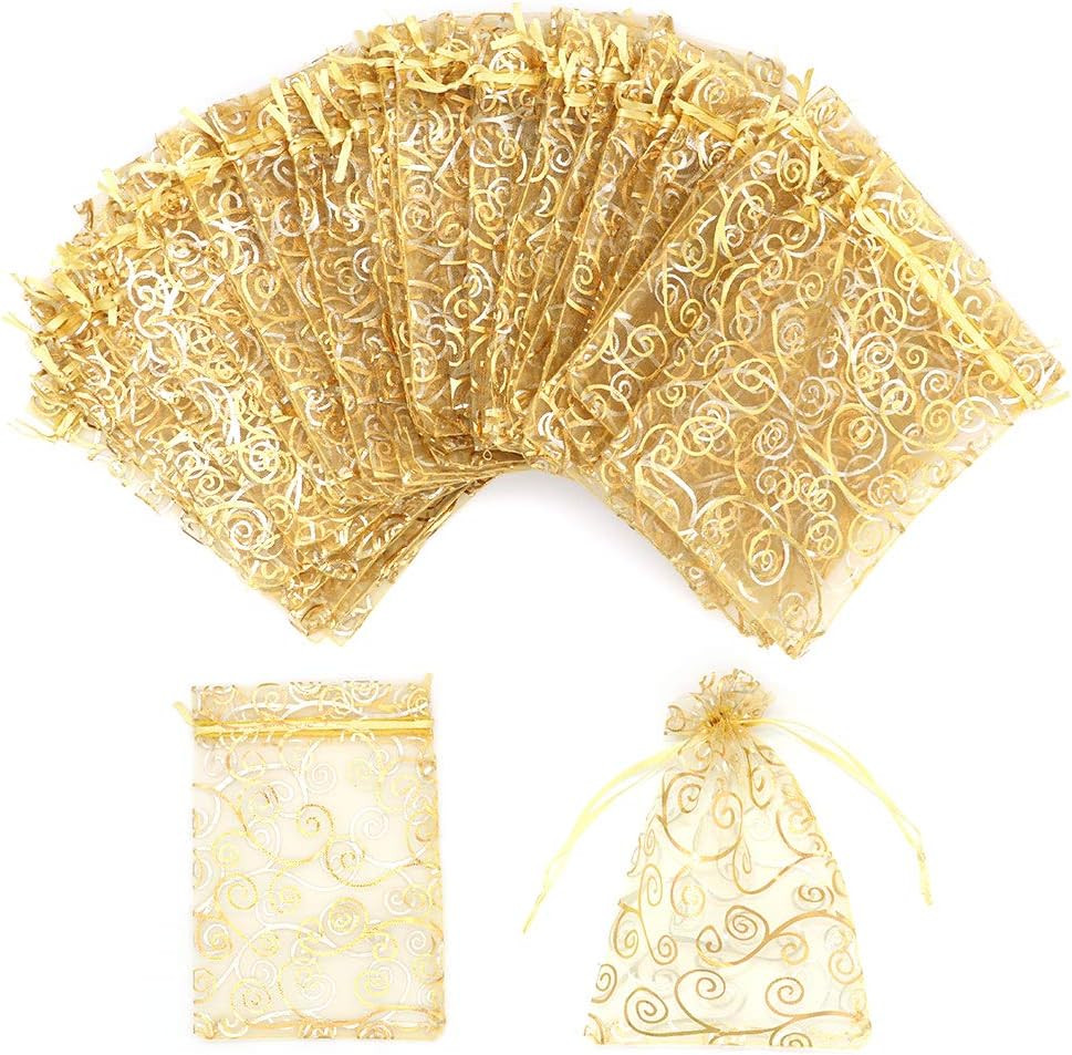 Organza Gift Bags 100Pcs Gold Sheer Organza Bag 4x6 Inch Mesh Favor Bags Drawstr