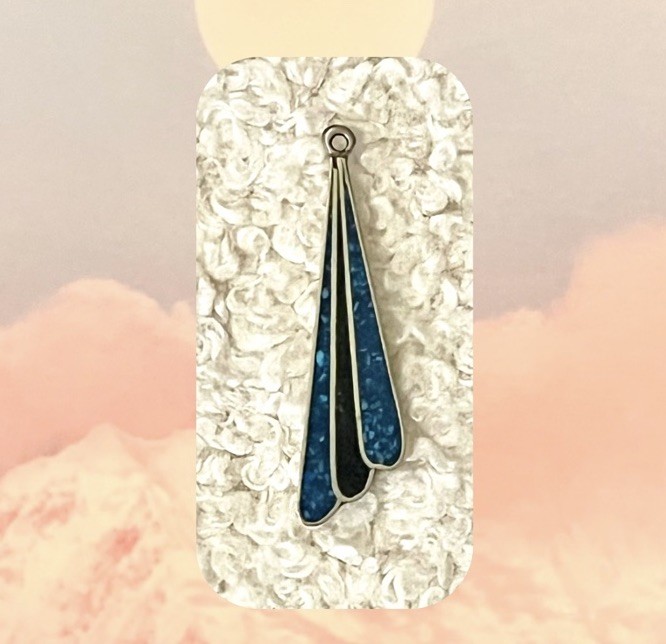 1980s Vintage Blue Asymmetrical Ethnic Pendant Silver Metal Statement Jewelry