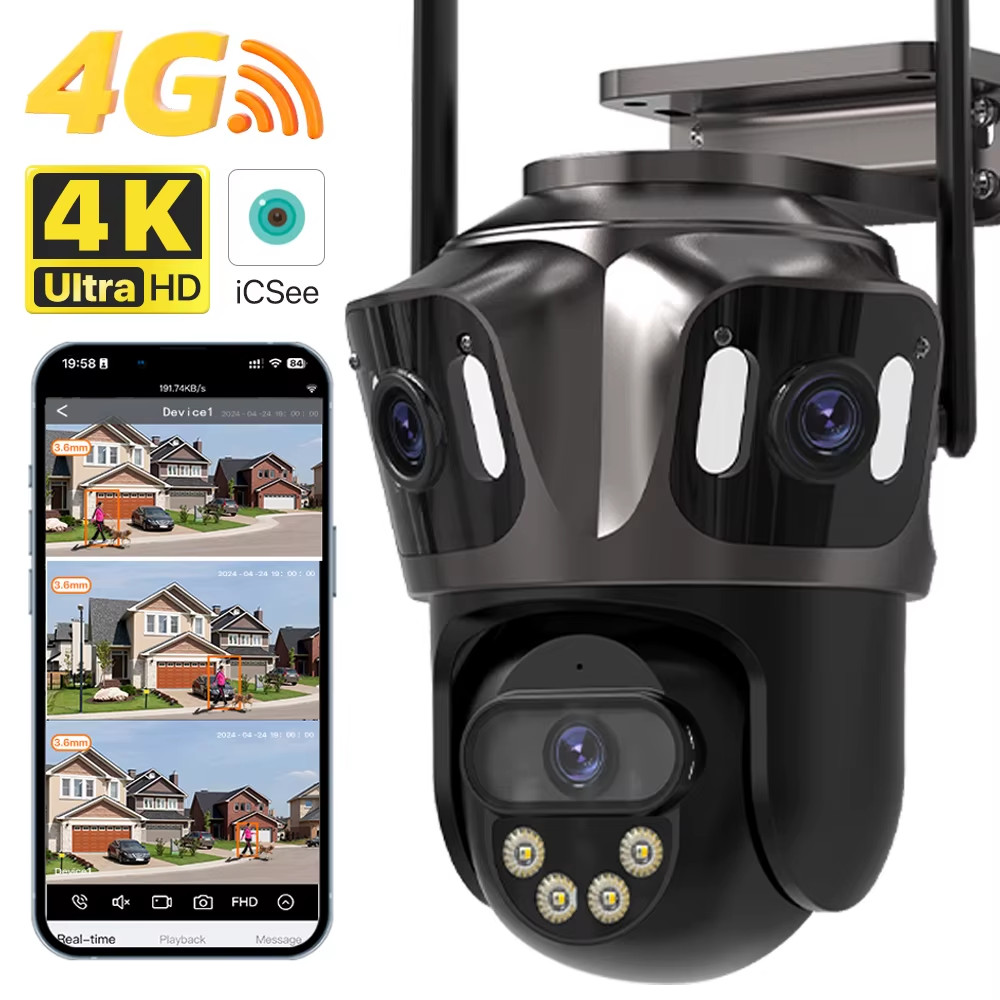 Outdoor 4G SIM Card 4K Three-Screen Three-Lens IP Camera WIFI PTZ Camera Auto Tr