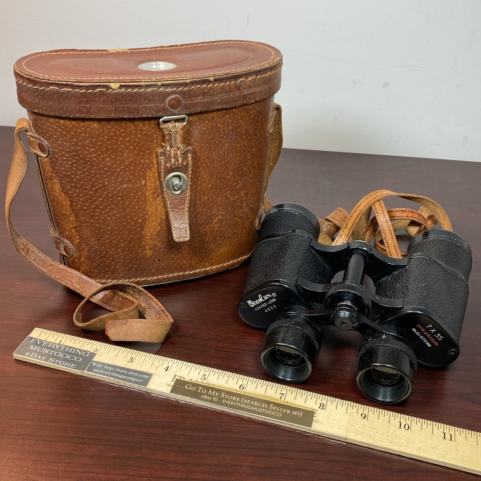 Vtg Binolux 7 X 35 Binoculars 341 FT at 1000 YDS Coated Lens 4022 Leather Case