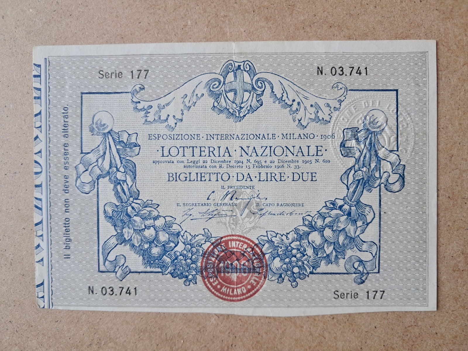 National Lottery Ticket International Exhibition Milan - 1906