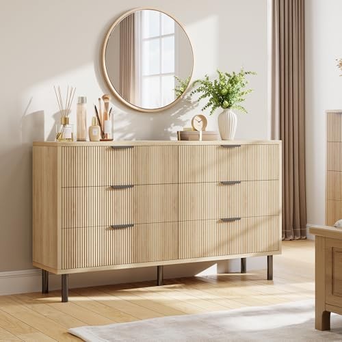 Oak Fluted 6 Drawer Dresser, Wide 15.8"D x 54.7"W x 29.9"H (6 Drawers) Natural