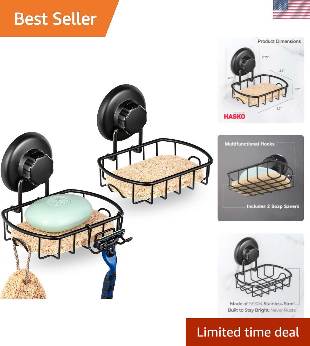 HASKO 2 Pack Suction Cup Soap Dish for Shower Wall, Rustproof Stainless Steel...