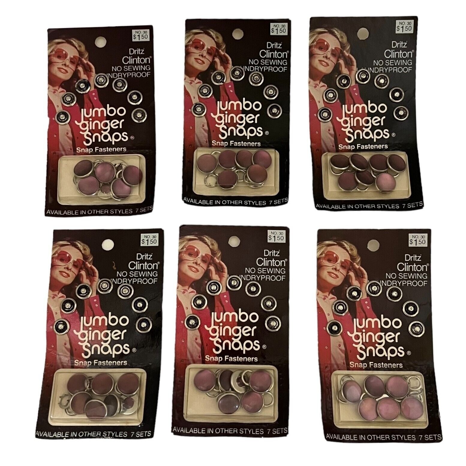 6 Dritz Clinton Purple Jumbo Ginger Snap Fasteners 7 set Per Card No Sew