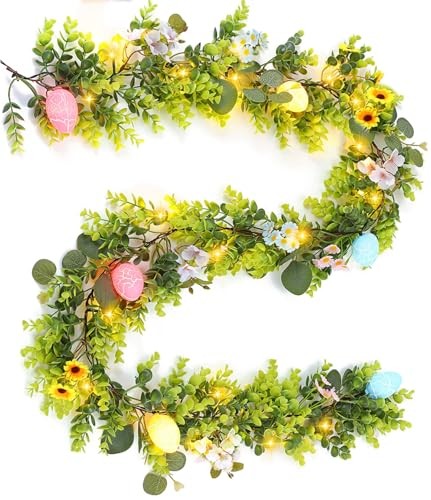 Easter Egg Garland-6FT Spring Floral Garland with Multi-Color Blossoms, 6FT-A