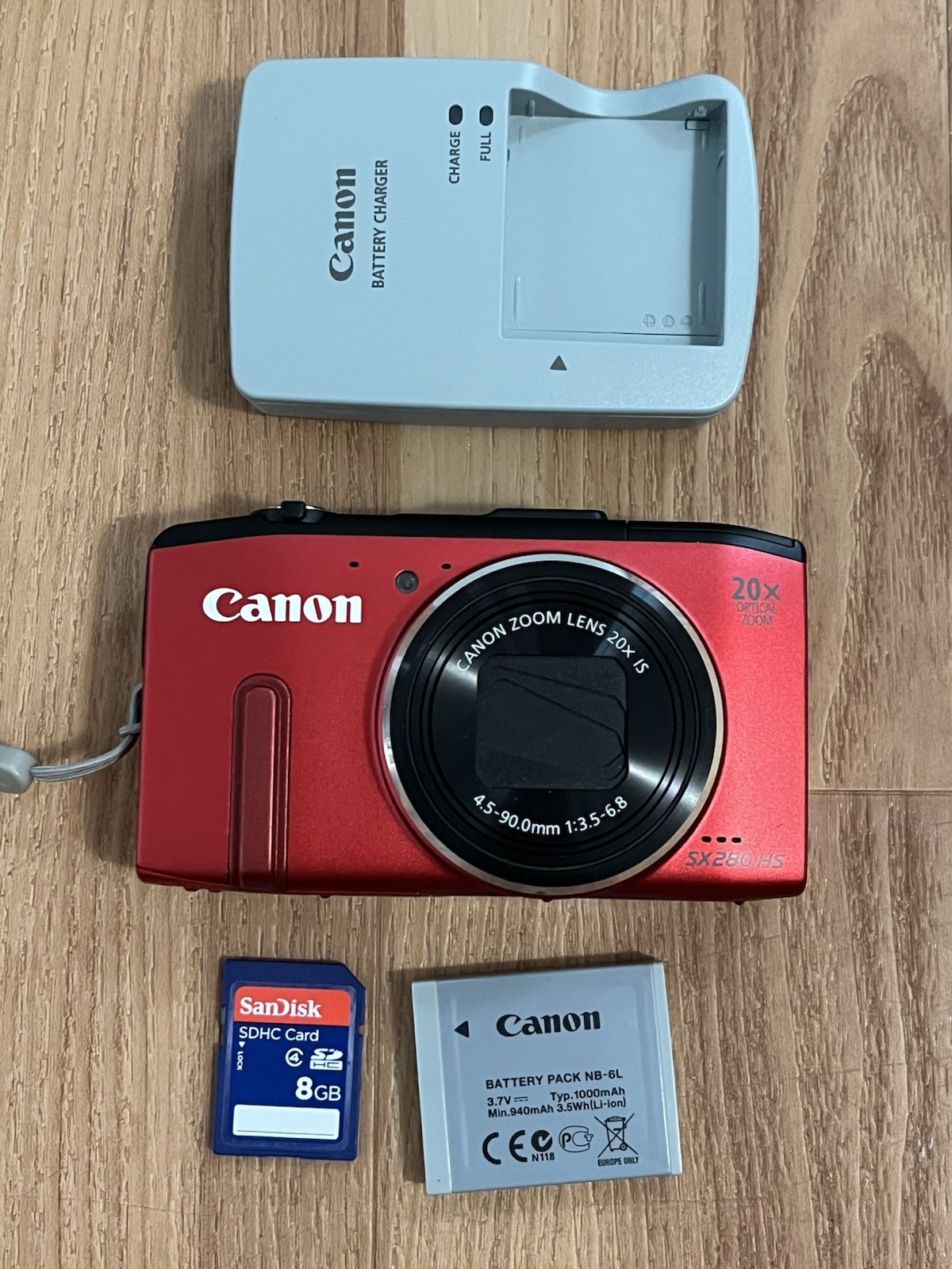 Canon Powershot SX280 HS 12.1 MP Red w/ Battery Charger Box & 8gb SD Card Tested