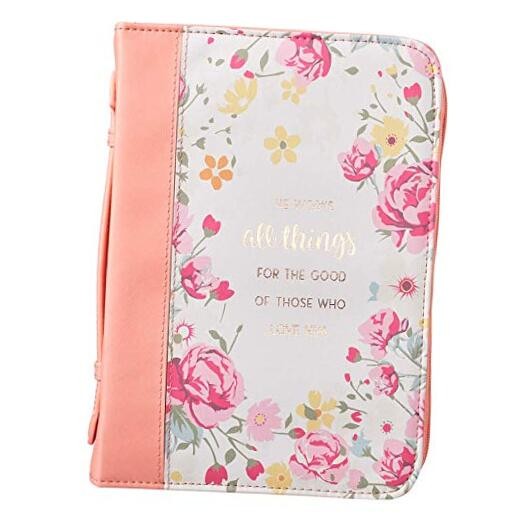  Peach Faux Leather Bible Cover for Women | He Works All Things – Romans Medium