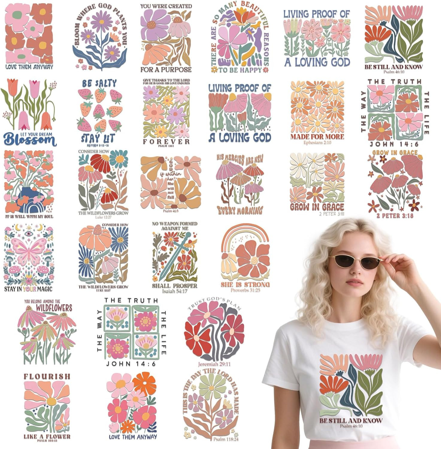 Christian Iron on Transfers - 28 Sheets Floral Bible Verse DTF Ready to Press fo