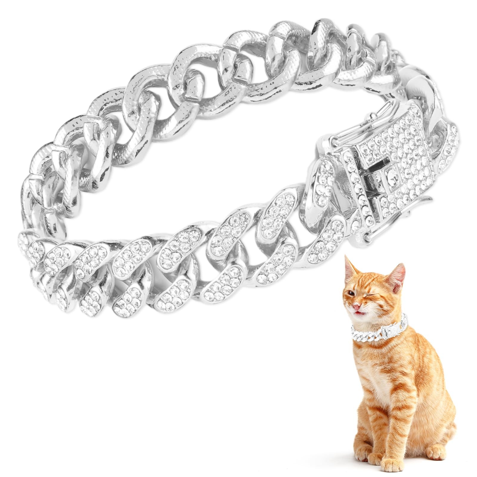 Amabro Cat Chain Collar, Diamond Cuban Link Kitten Walking Silver, 8 inch 