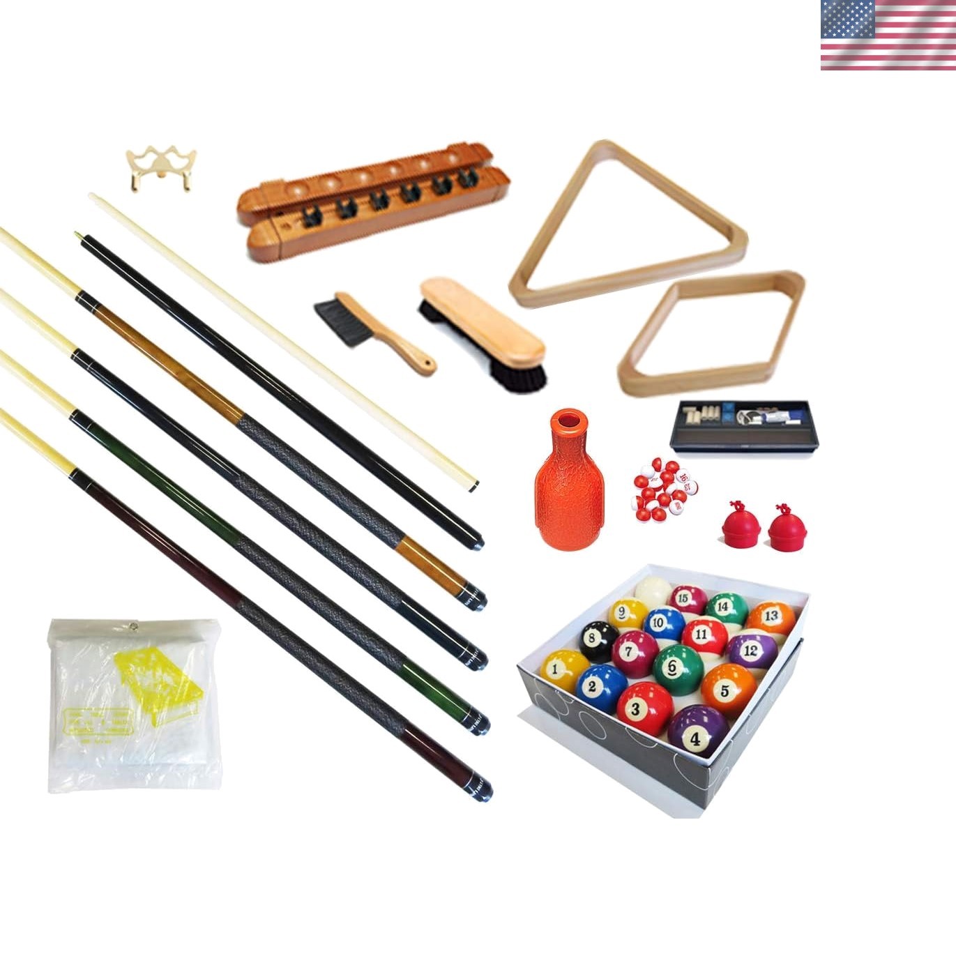 Pool Table -  Billiard 32 Pieces Accessory Kit - Pool Cue Sticks Bridge Ball ...