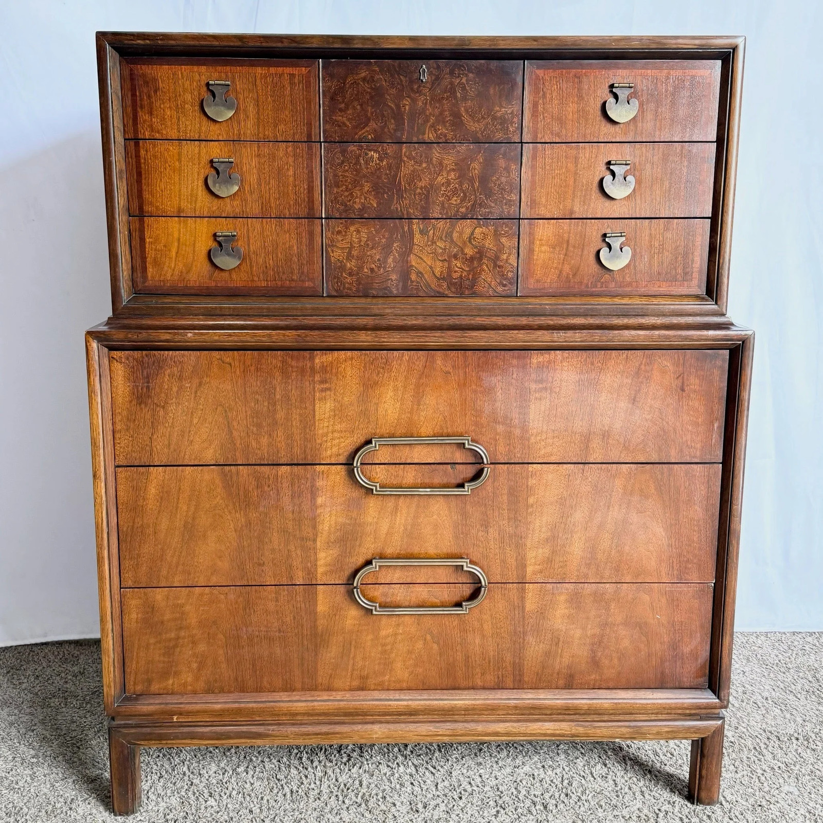Mid Century Modern Burl Wood Highboy Dresser by Thomasville