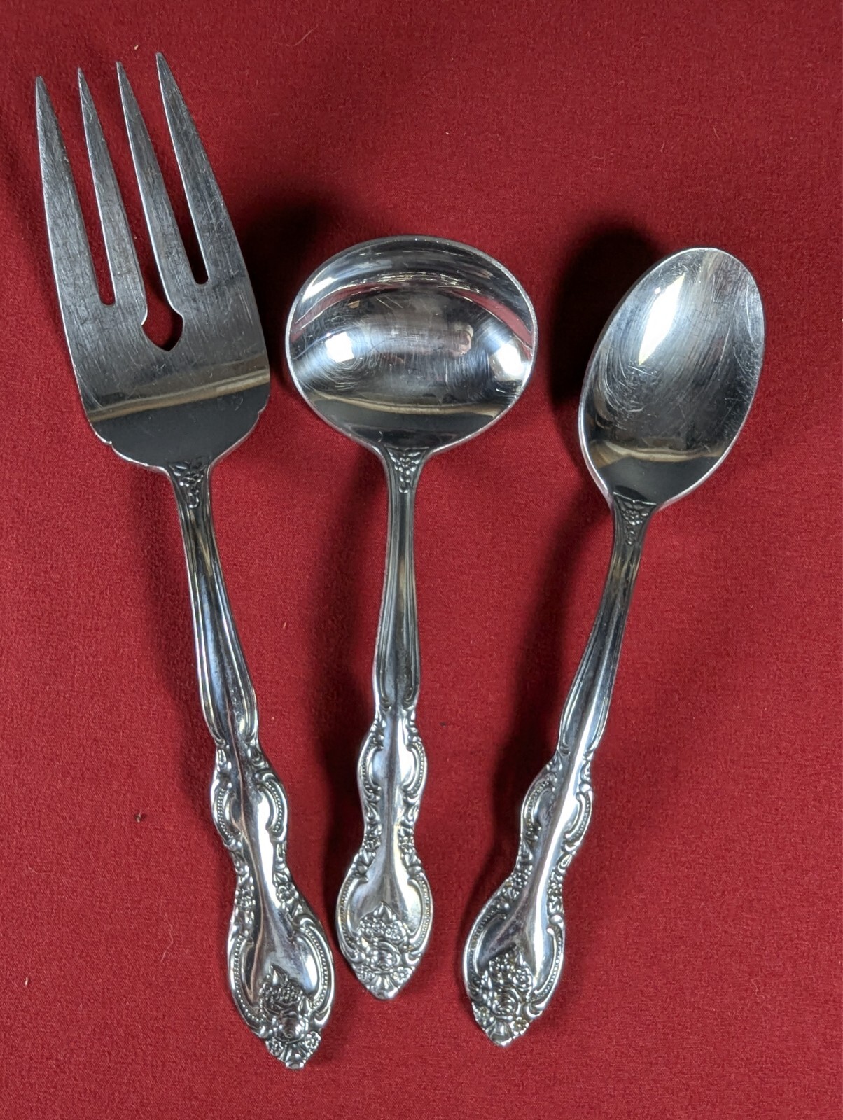 International Stainless "Verona" Pattern Soup Spoon, Ladle, Meat Fork Lot Of 3