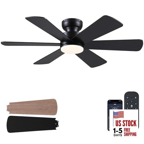  Ceiling Fans with Lights, Black Ceiling Fan with 46 inch Black-Flush Mount