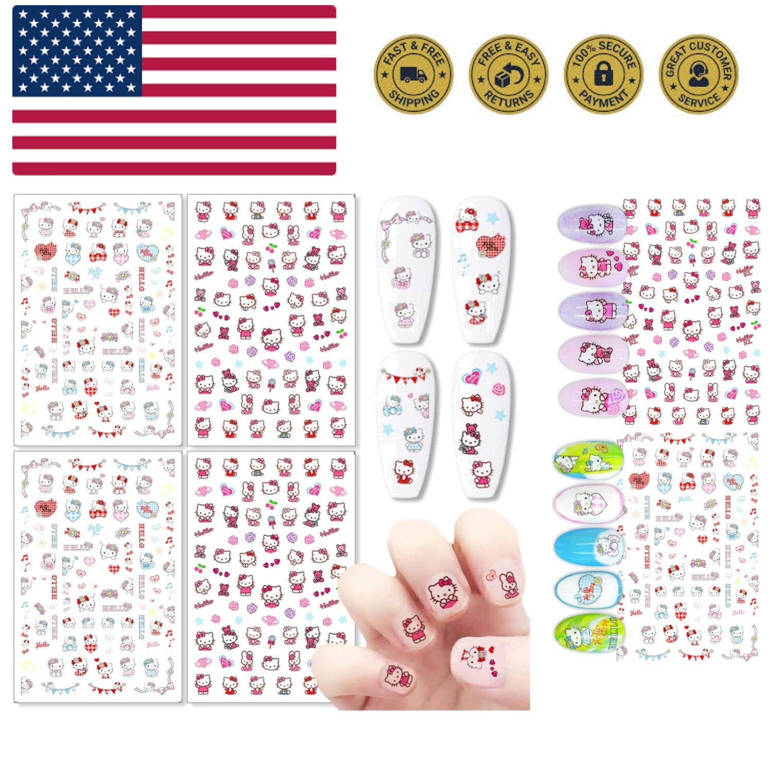 Cute Nail Stickers Decals 3D Self Adhesive Nail Design Stickers Cartoon Cat N...