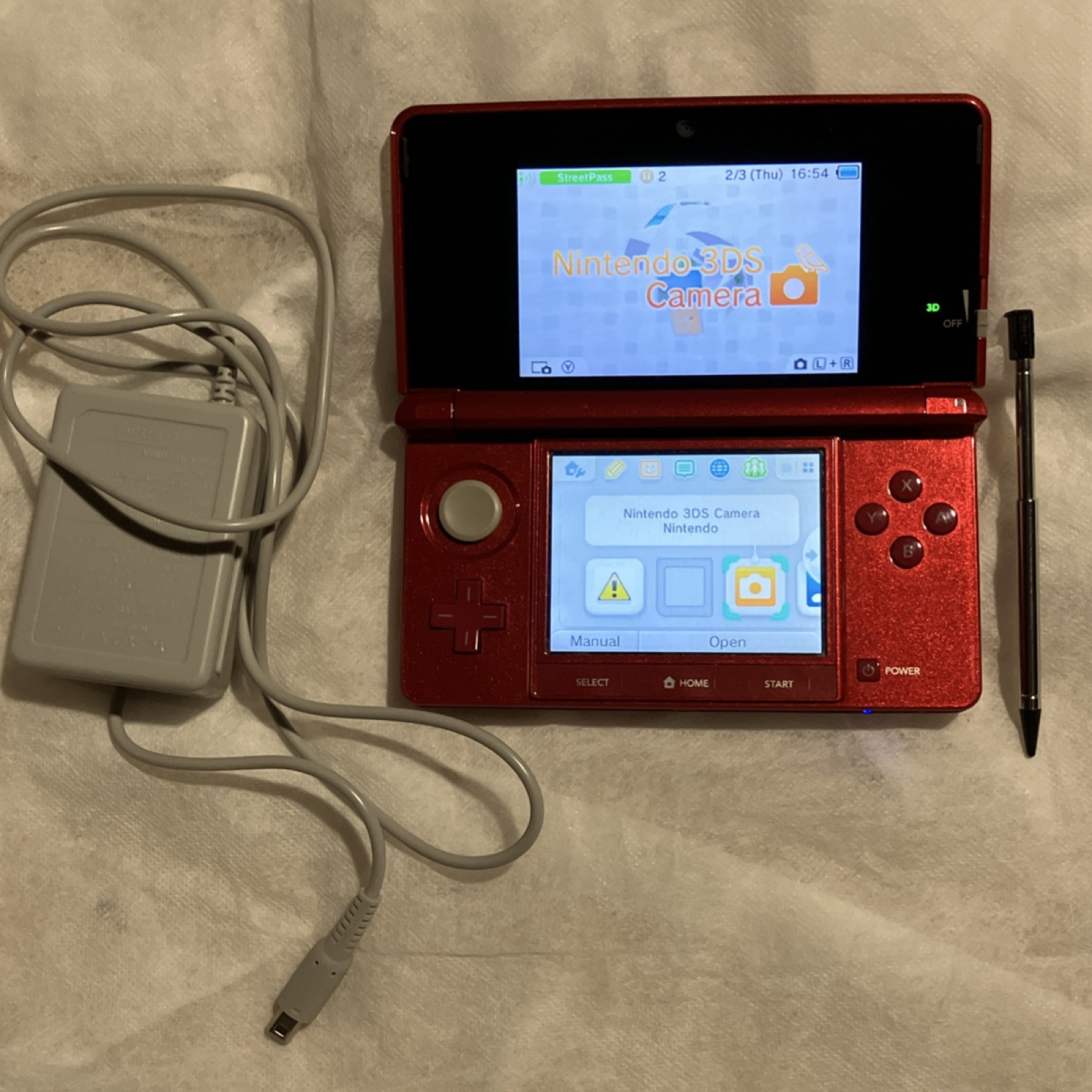 Nintendo 3DS Red Handheld Console with Original Stylus and Aftermarket Charger