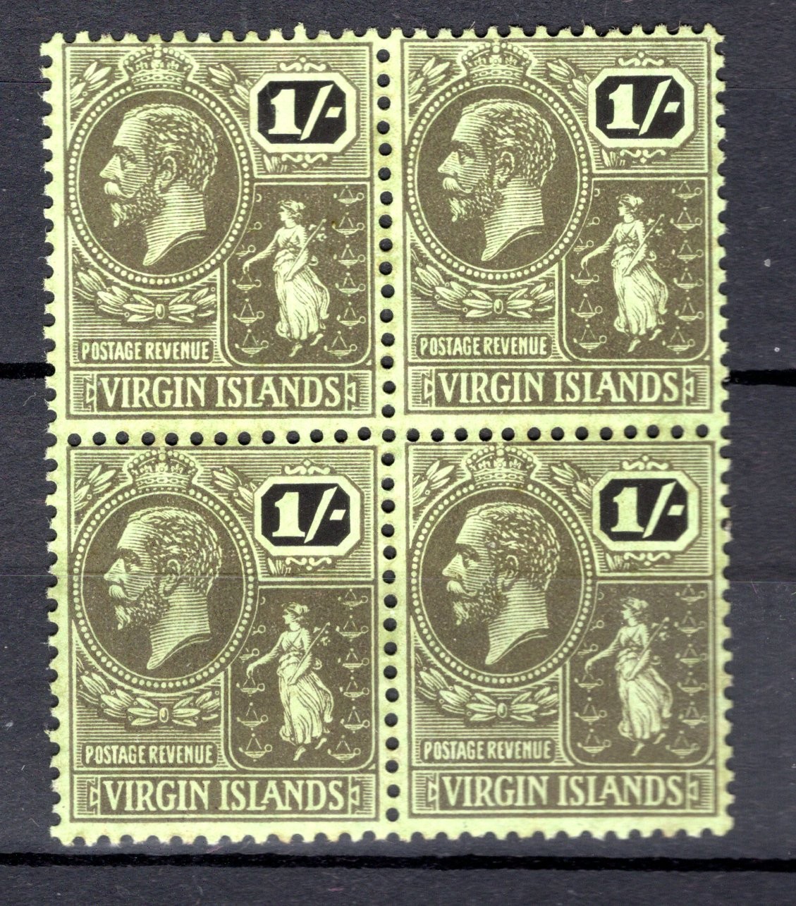 British Virgin Is 1922 sg 83 1/- black / emerald MCA wmk fine blk 4 LM